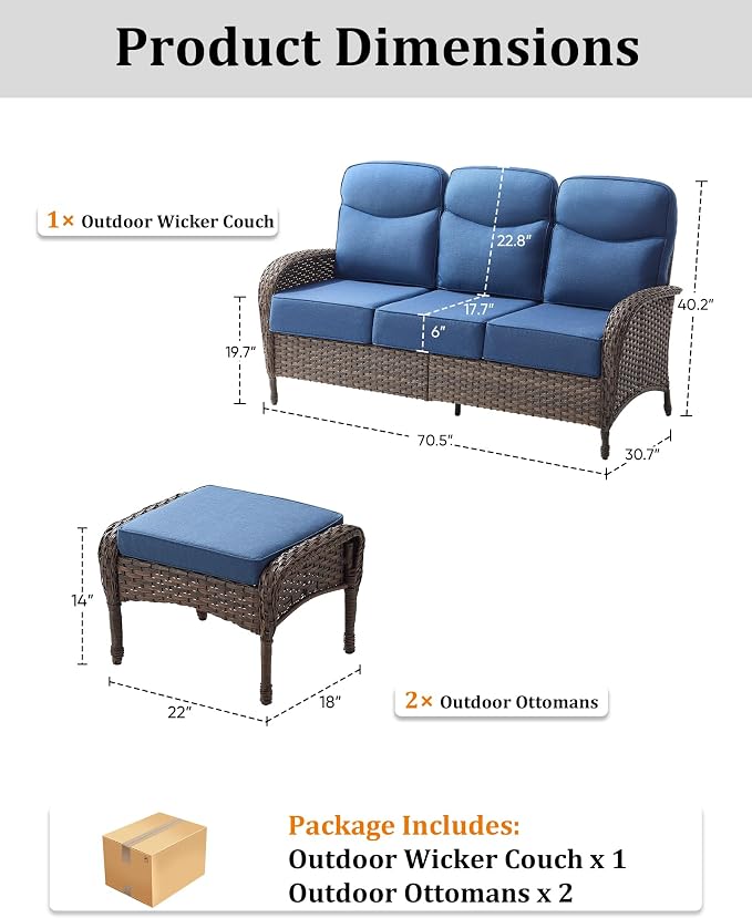 3-Piece Luxury Patio Furniture Sofa Set with 6-Inch Thick Cushions– Outdoor Wicker Conversation Set with Covered Couch, Multifunctional Ottoman & All-Weather Seating for Backyard, Porch, Garden Blue