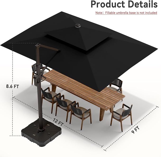 9' X 12' Cantilever Patio Umbrella with Led Lights Double Top Rectangular Outdoor Large Offset Umbrellas with 7 Tilts Adjustable 360°Rotation for Deck Pool Garden Backyard, Black
