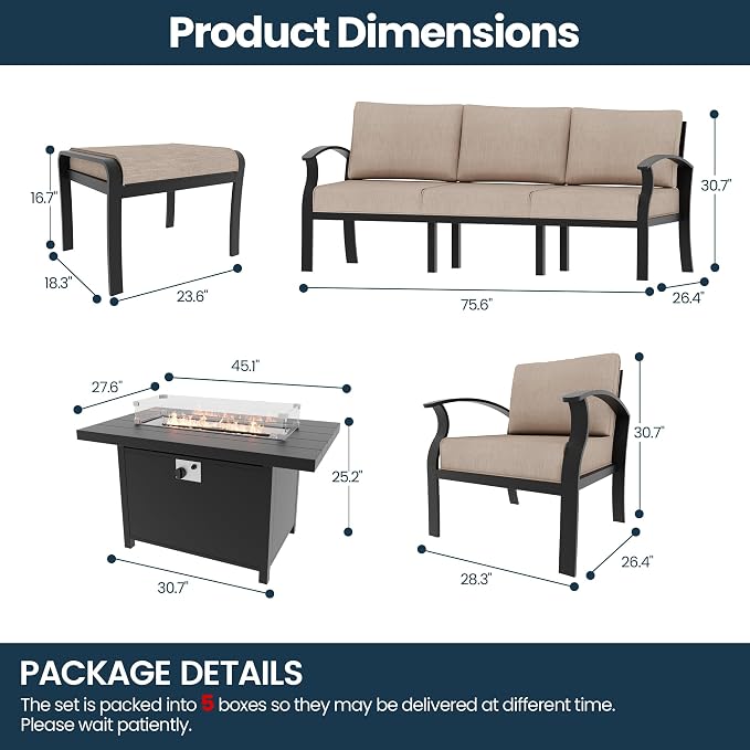 Aluminum Outdoor Patio Furniture Set,6 Pieces 5 Seats Metal Patio Sectional Furniture Set with 45" Propane Fire Pit Table,Patio Conversation Sets with 2 Ottomans,Sand