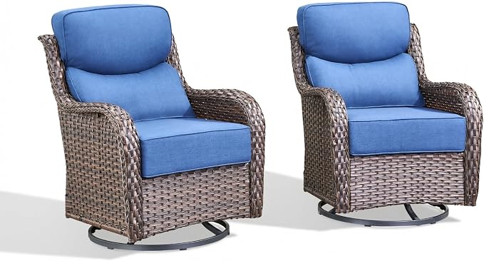 Luxury Swivel Rocker Chairs Set with 6" Thick Cushion - Wicker Outdoor Swivel Rocker Patio Chair High Back Comfortable Outdoor patio furniture set Glider Chairs set - Brown Wicker | Blue Cushions