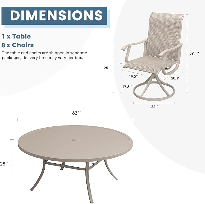 DIFY Outdoor Dining Set for 8, 9 Piece Patio Table and Chairs Set, Swivel Patio Dining Chairs with Textilene Fabric & 63" Round Metal Dining Table with Umbrella Hole, for Garden Backyard, Sandshell