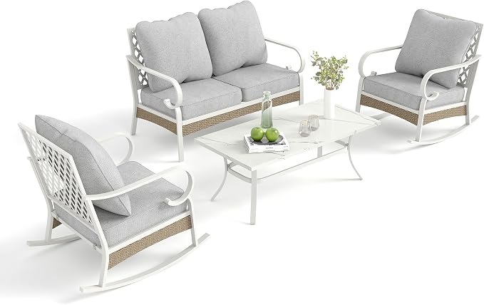 MIXPATIO 4 Piece Patio Furniture Set, 2 x Rocking Chair, 1 x 2-Seat Sofa with Marbling Coffee Table, 4 Seats Outdoor Conversation Set for Lawn Garden Backyard, Light Gray