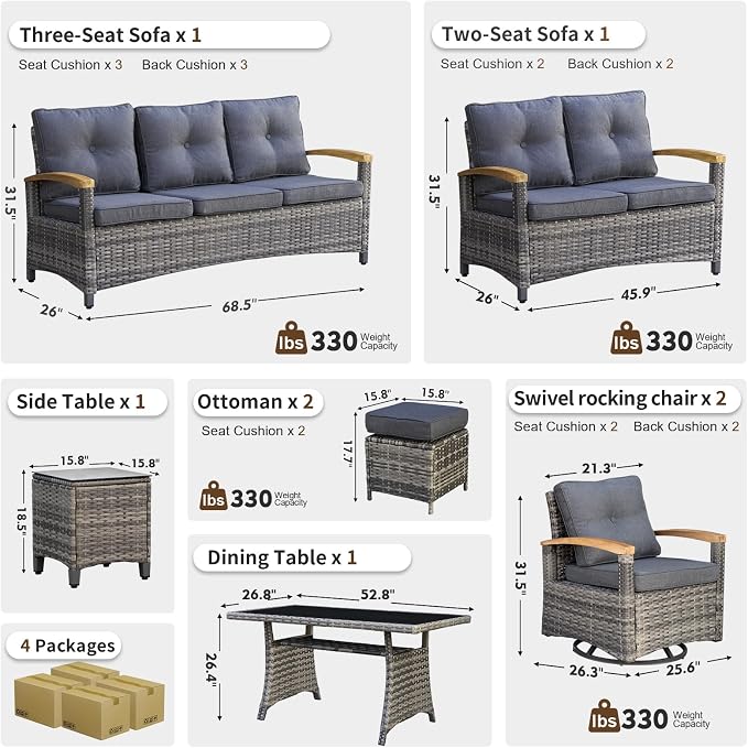 MEISSALIVVE 8 Pieces Patio Furniture Sets, PE Wicker Outdoor Conversation Sets with 2 Wood Armrests Swivel Rocker Chairs, 2 Ottomans, 2 Sofa and Dining Table (Grey)