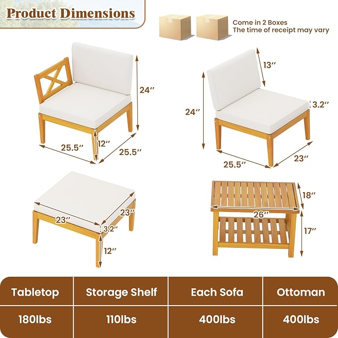 HAPPYGRILL 5 Pieces Acacia Wood Patio Furniture Set, Outdoor Sectional Couch with 2-Tier Coffee Table and Cushions, L Shaped Outdoor Conversation Set for Porch, Garden, Backyard