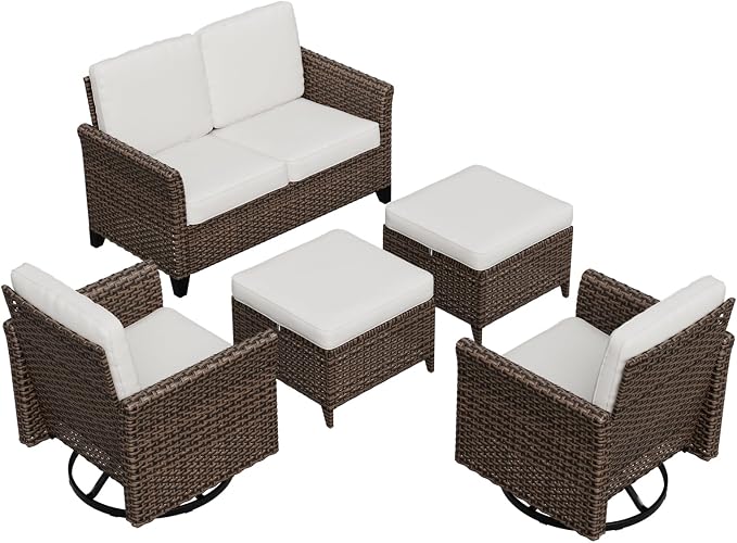 COOS BAY Harbor Retreat 5 Piece Outdoor Furniture Set, Patio Conversation Set with Swivel Rocking Chairs, 2 Seat Loveseat and Ottomans, Wicker Furniture, Brown/Beige