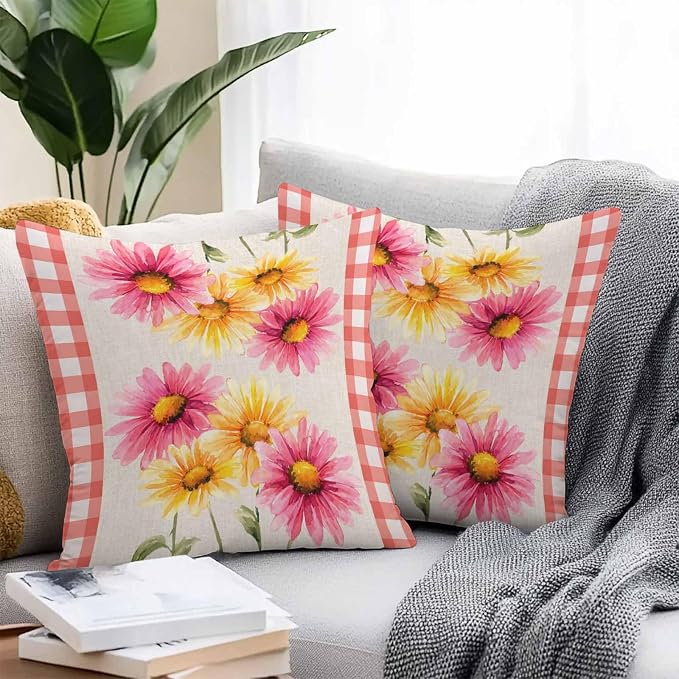 Yellow Pink Daisy Outdoor Pillow Covers 24"x24" Set of 2, Rustic Farmhouse Red Buffalo Plaid Waterproof Throw Pillow Covers for Patio Furniture, Decorative Cushion Covers for Porch
