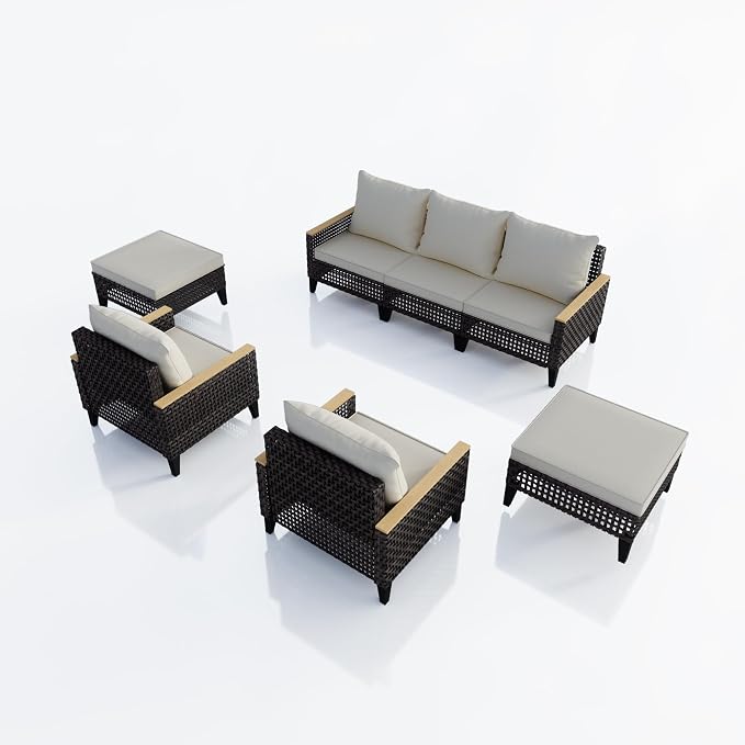 7 Pieces Patio Furniture Set, Outdoor Conversation Sets with Footstool, Wicker Rattan Sofa Couches Chairs Ottomans for Porch, Poolside, Deck, Balcony, Backyard, Yard, Garden (Beige Cushions)