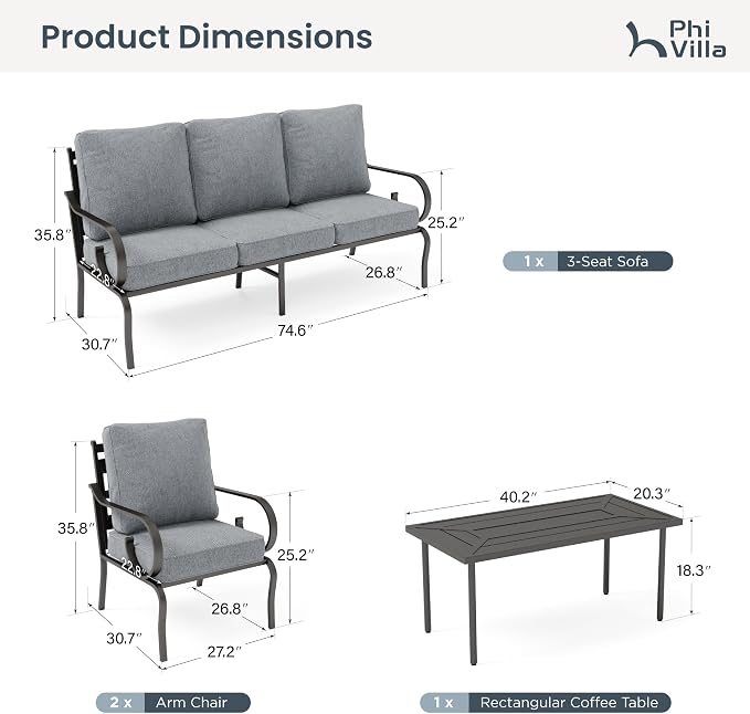 PHI VILLA Patio Furniture Set, 3-Seater Sofa, 2 Fixed Chairs and a Coffee Table, Outdoor Metal Conversation Set with 5.75" Extra Thick Cushion for Garden Backyard Deck, Grey