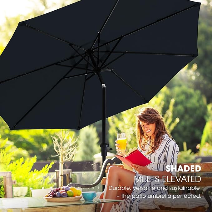 wikiwiki 11FT Patio Umbrella with Base, Outdoor Umbrellas with Base Included, 8 Sturdy Ribs, Waterproof Fade Resistant POLYESTER DTY Canopy for Deck, Lawn, Garden, Backyard & Pool, Navy