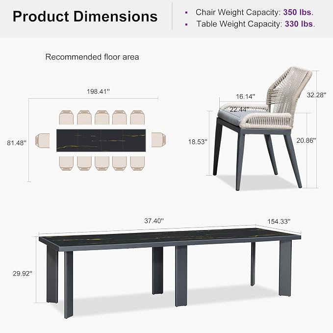 PURPLE LEAF 13 Pieces Patio Dining Set Aluminum Rectangular Table and Wicker Chairs with Cushions for Kitchen Porch Garden Modern Outdoor Furniture Sets, Dark Grey