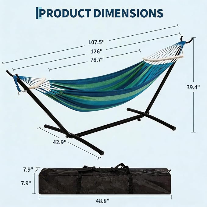 Double Hammock with Steel Stand, Outdoor Portable Hammocks Accommodates with 450Lb Capacity 2 People& Portable Carry Bag for Outside Camping Garden Yard,Rainbow