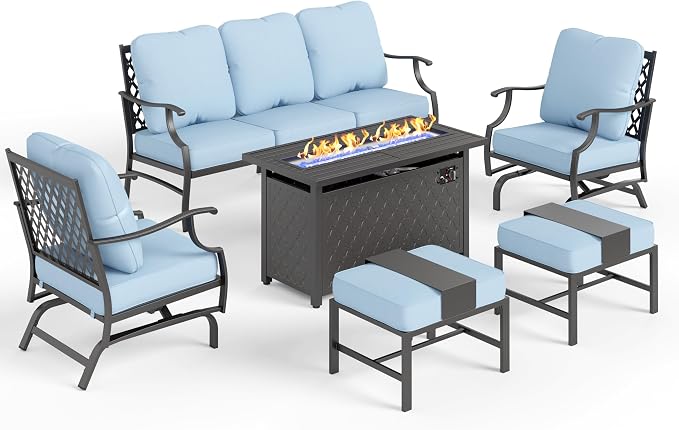 MIXPATIO Patio Furniture Set, 6 Pcs Metal Outdoor Conversation Set, 2 Rocker Chairs, 2 Ottomans and 3 Seater Sofa with 5.75" Extra Thick Cushion and Gas Fire Pit Table, Blue
