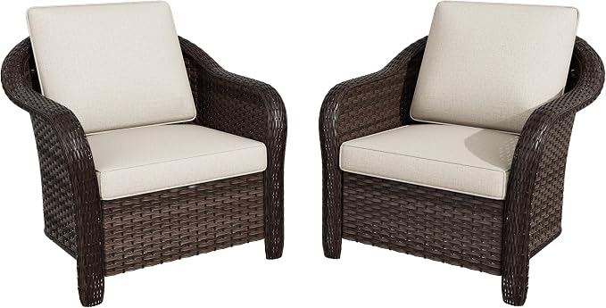 Patio PE Rattan Chairs Set of 2, All-Weather & Steel Frame Outdoor Conversation Furniture Set with Washable Cushions for Garden, Bistro, Deck, Yard (Beige)