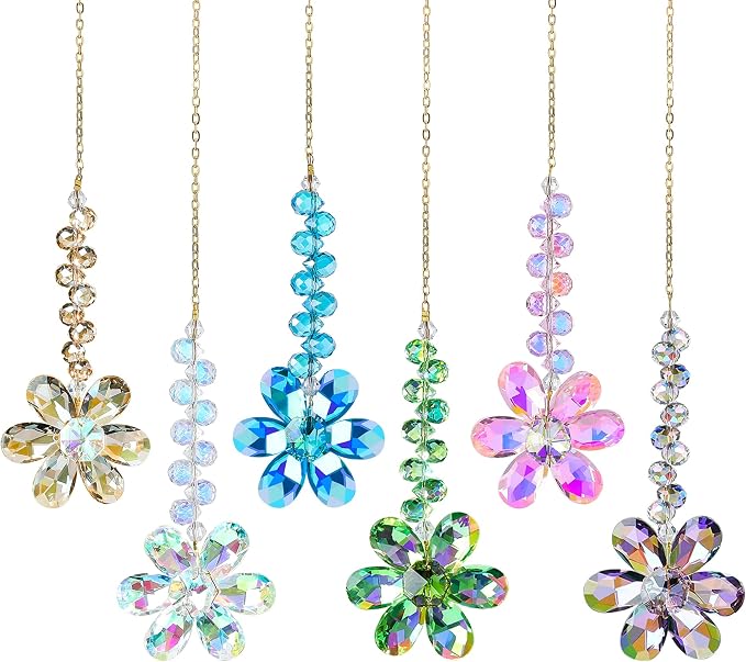 6pcs Crystal Flower Suncatchers Hanging Ornaments, Rainbow Maker Sun Catchers Indoor Window Outdoor Patio Garden Decor Gifts