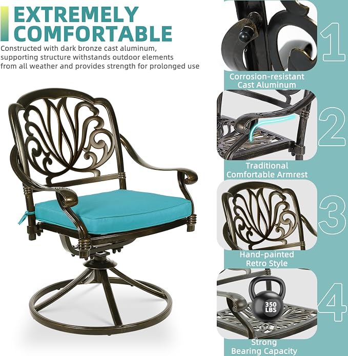 MEETWARM 9-Piece Outdoor Patio Dining Set, All-Weather Cast Aluminum Patio Conversation Set- 8 Cushioned Swivel Rocker, 61" Round Patio Dining Table w/Detachable Lazy Susan/Umbrella Hole, Ocean Blue