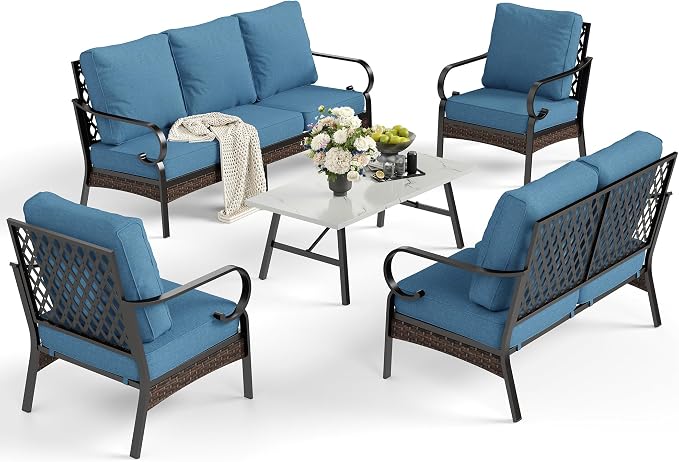 SUNSHINE VALLEY 5 Piece Metal Outdoor Patio Furniture Set, Patio Conversation Sets with 3-Seater Sofa, Loveseat, 2 Fixed Sofa (5.75" Thick Cushion) & Coffee Table Black Backyard Furniture, Denim Blue