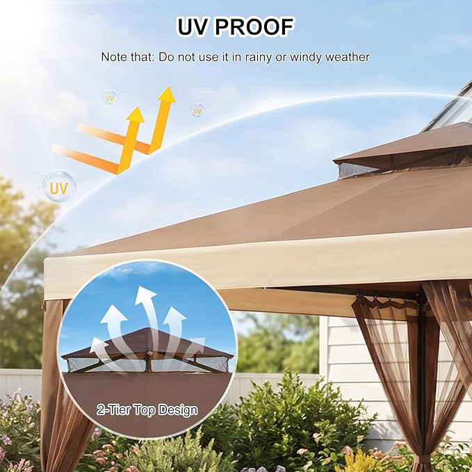 10x10 Gazebo with Netting, Canopy Tent Sun Shade Shelter for Outdoor Patio Backyard (Brown)
