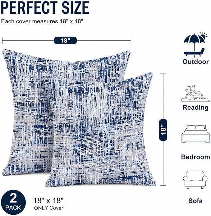 Outdoor Pillow Covers Waterproof Throw Pillow Covers, Set of 2 Jacquard Texture Water Resistant Fade Resistant Decorative Cushion Covers for Garden Patio Bench Couch Sofa, 18x18 Inch (Blue Grid)