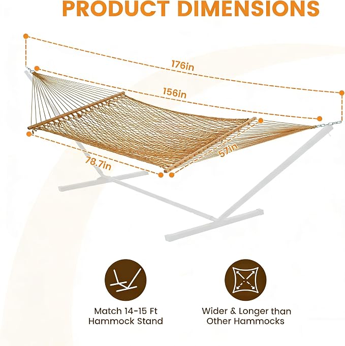 Lazy Daze Hammocks 13-FT Polyester Rope Hammock, Double 2 Person Traditional Hand Woven Outdoor Hammock with Spreader Bar, Carabiners, Tree Straps, Chains for Outside Patio- Max 450 Lbs, Tan