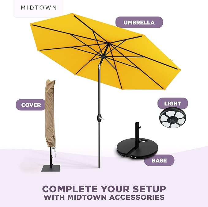 Midtown Umbrellas - The Lean 10 Ft Patio Umbrella with Fade-Resistant Sunbrella Fabric, Auto-Tilt Aluminum Frame and 8 Reinforced Ribs for Deck, Pool & Garden - White Canopy, Black Pole