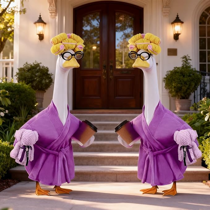 Lady Porch Goose Outfits,Bathrobe Porch Goose Statue Costume with Curlers Reading Glasses Coffee Cup Towel, Cute Goose Clothes for 23-Inch Cement Statue, Lawn Yard Garden Patio Decor(Dark Purple)