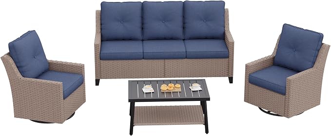 NestNook 4 Piece Patio Furniture Set, Outdoor Rattan Swivel Glider Chairs Set of 2 with 3-Seater Sofa and Coffee Table Wicker Patio Conversation Set for Backyard Balcony & Poolside(Blue)