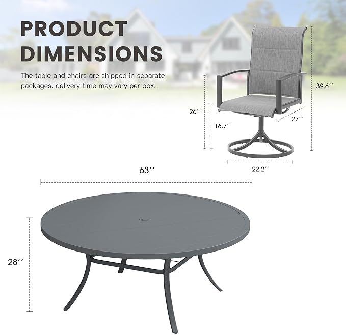 Outdoor Dining Set for 8, 63" Outdoor Dining Table with Umbrella Hole and Padded Textilene Patio Swivel Chairs, 9 Pieces Patio Table and Chairs Set for Garden Backyard, Grey and Dark Grey