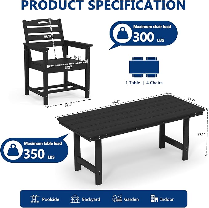 PIZZELLO 5-Piece Outdoor Dining Set - HDPE Patio Dining Set for 4 - Outdoor Table and Chairs - All Weather Rectangular Patio Table Sets w/Umbrella Hole (66" Large Table and 20" Wide Chairs)