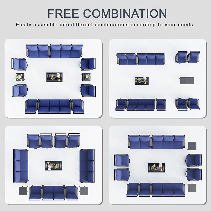 12 Pieces Patio Furniture Set, Metal Outdoor Conversation Sets with Swivel Chairs, Modern Couch Sofa Seating Group with Coffee Table and Side Table (Thick Blue Cushions)