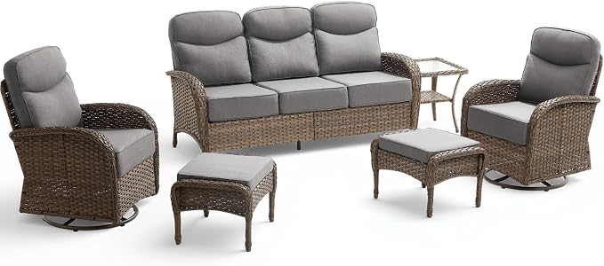 Luxury Outdoor Patio Furniture Set with 6-Inch Thick Cushions, 6 Pieces All-Weather Wicker Outdoor Furniture with Outdoor Rocking Chair, Outdoor Patio Conversation Sets for Garden Porch Deck, Grey