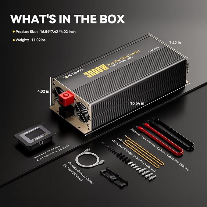 Power Queen 3000W Pure Sine Wave Inverter, Solar Power Inverter 12V DC to 110V-120V AC Converter with Remote Control, 6000W Surge Power, 4 AC Outlets USB Type-C for Home RV Off-Grid Solar Power