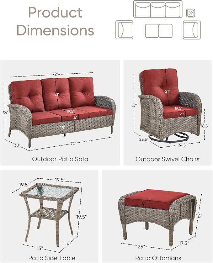 HUMMUH 6 Pieces Outdoor Patio Furniture-PE Rattan Wicker Sofa with Patio Swivel Rocking Chairs Patio Furniture for Deck Lawn Porch Balcony Poolside-Grey/Red