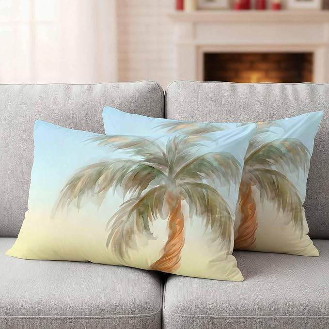Yukro Summer Palm Tree Outdoor Waterproof Pillow Covers Pack of 2, Coastal Tropical Plant Watercolor Texture Throw Pillowcases Decorative Cushion Covers for Garden Patio Tent Sofa Couch, 20x12 inch