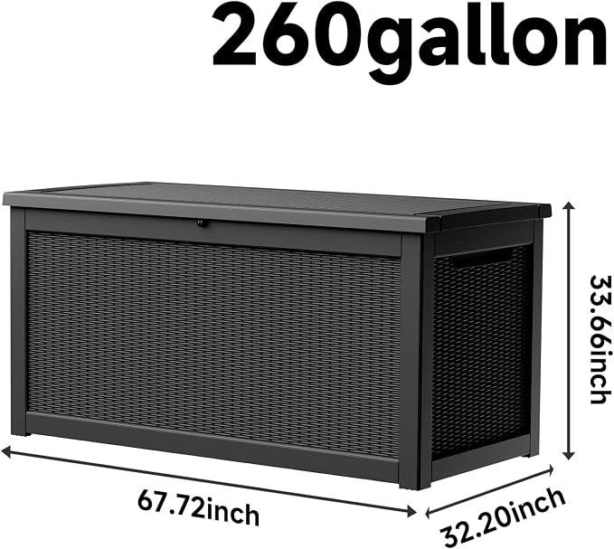 PatioZen 260 Gallon Resin Deck Box, Lockable Patio Outdoor Storage Box for Furniture, Garden Tools and Tools Storage, Waterproof Outside Storage Boxes - Black