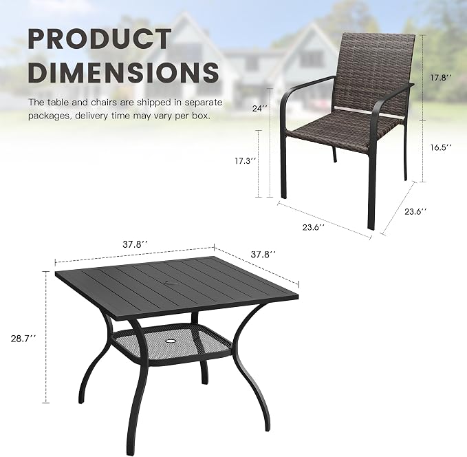 Outdoor Dining Set for 4, 37.8" Metal Square Outdoor Dining Table with Umbrella Hole and Wicker Stackable Patio Chairs, 5 Pieces Patio Table and Chairs Set for Garden Backyard, Black