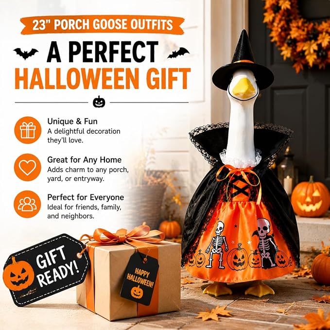 STONESTAR Halloween Porch Goose Outfits for 23'' Lawn Geese Statue Goose Costume with Pumpkin Dress Witch Hat Lace-Trim Cape, Outdoor Garden Goose Decor for Patio Yard Lawn Art Halloween Ornament