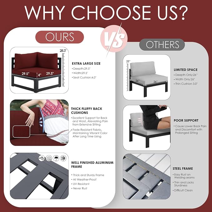 NICESOUL 8 Piece Oversized Modern Aluminum Patio Furniture Set, All Weather Rust Proof Modular Sectional Sofa with Side Table, 500 lbs Heavy Duty Comfortable Outdoor Couch for Backyard Deck, Burgundy