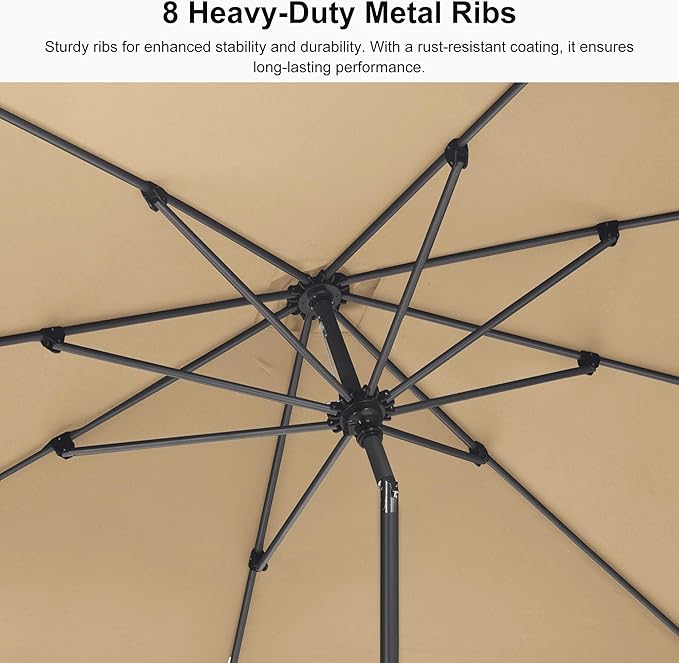 PURPLE LEAF 9' Round Patio Market Umbrella with Base Outdoor Table Umbrellas Aluminum Frame Sun Shade with 8 Sturdy Ribs Tilt for Garden Deck Lawn Pool Beige