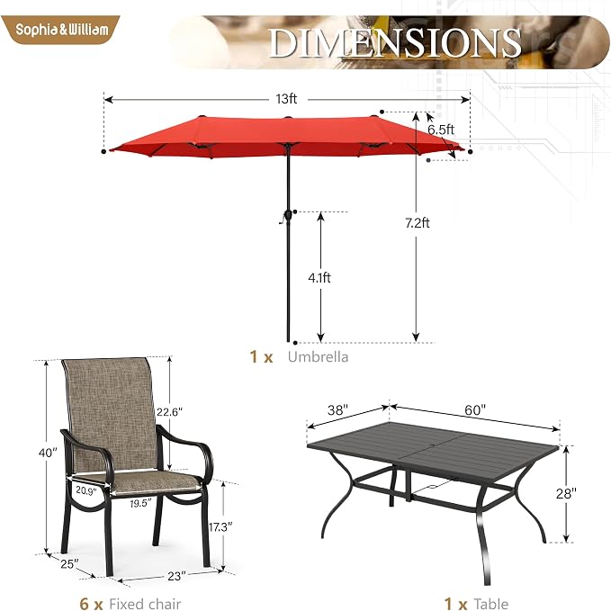 Sophia & William Outdoor Dining Set with Umbrella, Outdoor Table with 13ft Red Umbrella & 6 x Fixed Patio Dining Chairs, Patio Furniture Set for Lawn Garden Backyard Pool (Umbrella Base Not Included)