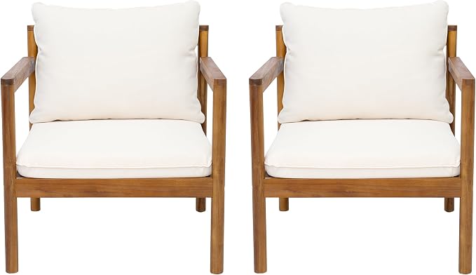 Christopher Knight Home Vorms 5-Piece Acacia Wood Patio Furniture Set with Rope Backrest, Patio Conversation Chat Set for Backyard Balcony, Outdoor 7-Seater Seating Group with Coffee Table, Teak+Cream