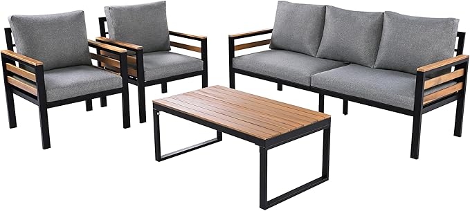 4 Piece Outdoor Furniture Sofa Set for 5 People, Garden Sofa Set with Acacia Wood Armrests and Tabletop, Patio Conversation Set with Removable Cushion and Coffee Table, Grey