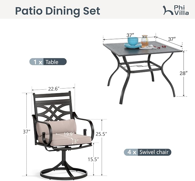 PHI VILLA Patio Dining Set, Swivel Chairs, Square Metal Table | Metal chairs, Beige, Cushions, E-coated