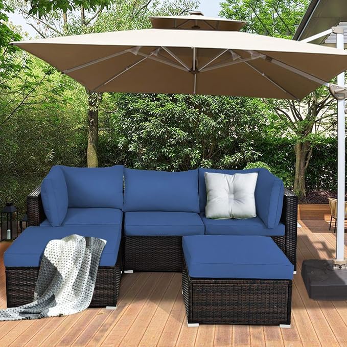 DORTALA 5 Pieces Patio Rattan Furniture Sets, Sectional Sofa Conversation Set w/Steel Frame & Sponge Cushions, Modern Wicker Combination Sofa Set w/Ottoman & Table for Garden Lawn Balcony, Navy