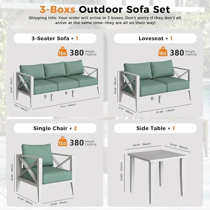 Aluminum Outdoor Patio Furniture Set, 8-Piece Outdoor Sectional with 5.2" Thick Cushions, Patio Conversation Sets for Backyard,(White,7 Seats)
