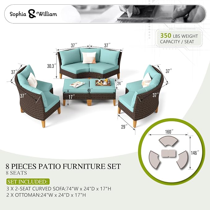 Sophia & William Outdoor Wicker Sectional Sofa Set, 8 Piece Half Moon Curved Patio Furniture Modern Outdoor Couch Conversation Set with Ottoman for Backyard, Pool, Garden(Aqua Blue)