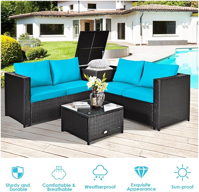 DORTALA 8 Pieces Outdoor Patio Furniture Set, Weather Resistant PE Rattan Conversation Set with Loveseats, Outdoor Sectional Sofa Set with Comfy Cushions for Garden and Poolside, Turquoise