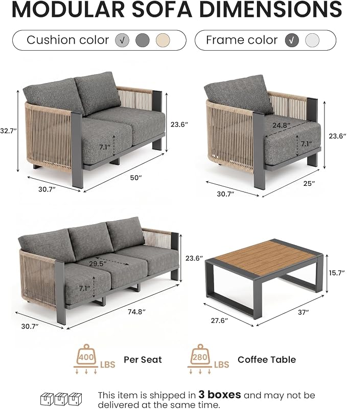Vexwalx Luxury Patio Furniture Set, 4-Piece Curved Outdoor Furnitrue Set with Weather-Resistant Aluminum Frame and 7.1" Thicker Cushion, Woven Rope Patio Conversation Set for Deck, Garden