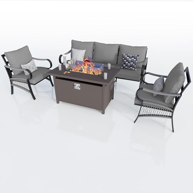 4-Piece Outdoor Furniture Set, Patio Conversation Set Include 3-Seater Sofa Couch Single Chairs with Fire Pit Table for Deck, Porch, Garden, Backyard, Poolside (Gray Cushions)