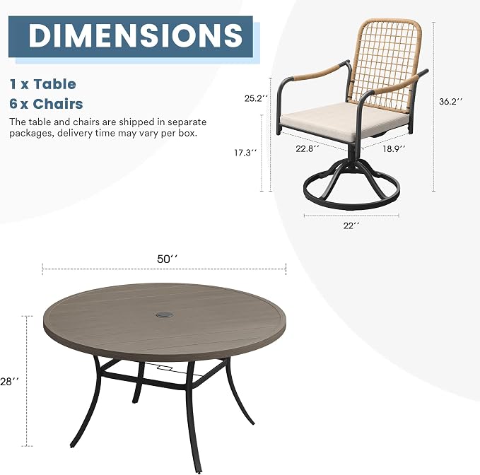 DIFY 7 Pieces Outdoor Dining Set for 6, 50" Round Dining Table with Umbrella Hole & Wicker Swivel Patio Chairs with Cushions, Metal Patio Table and Chairs Set for Backyard Porch, Grey Wood-Like