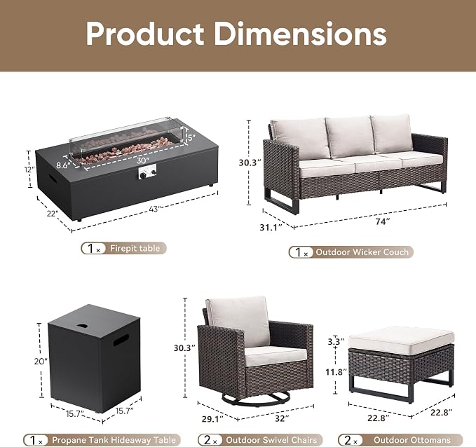 HUMMUH Patio Furniture Set with Fire Pit Table,7 Piece Wicker Outdoor Conversation Sets -Outdoor Swivel Rocker Chairs Patio Sofa for Porch,Garden,Backyard
